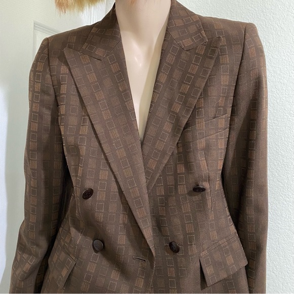 Rare Vintage ESCADA Wool Blend Double Breasted Square Print Brown Blazer Size 34 - Picture 4 of 16